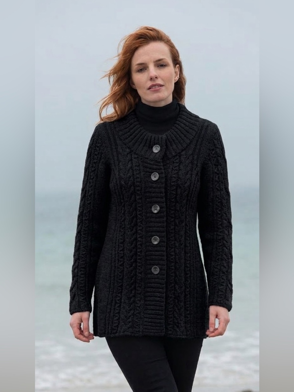 Banana Republic black Merino Wool Cardigan Sweater L Cable Knit Chunky Fisherman